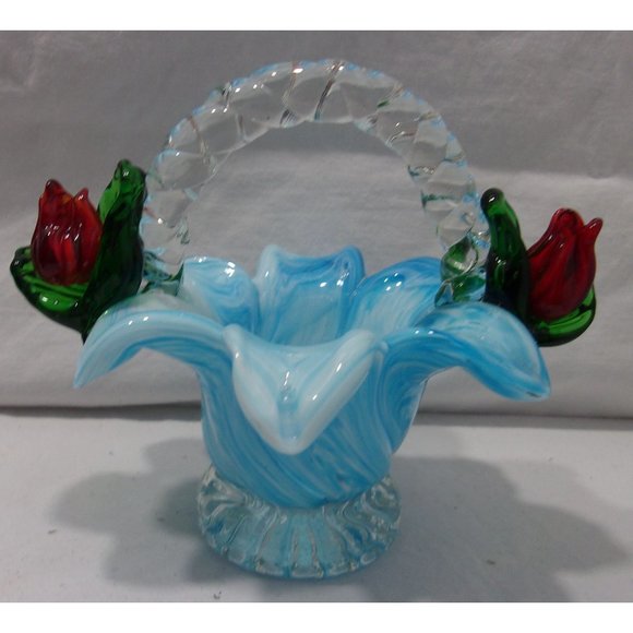 Glass Turquoise Blue Basket w/ Handle and Applied Red Roses 4 3/4" - Picture 2 of 10